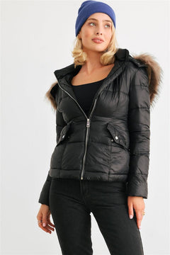 Long Sleeve Faux Fur Jacket-Black