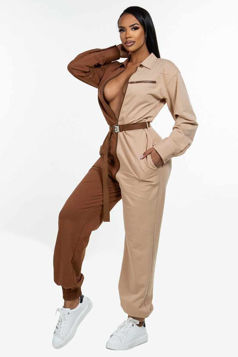 Long Sleeve Oversized Cozy Shirt Jumpsuit-Brown