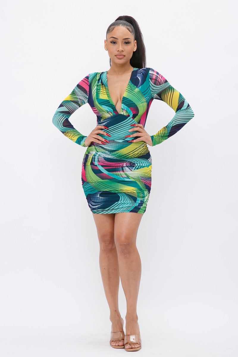 Long Sleeve Printed V-neck Dress-Green/Pink