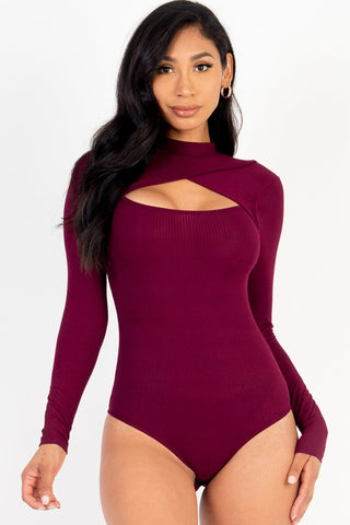 Long Sleeve Rib Knit Bodysuit | Front Cutout