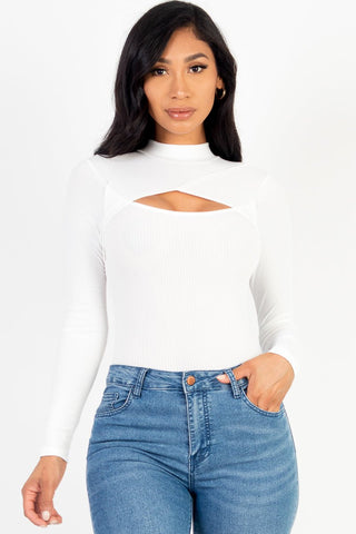 Long Sleeve Rib Knit Bodysuit | Front Cutout