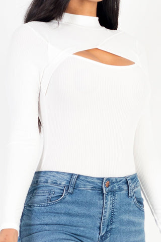 Long Sleeve Rib Knit Bodysuit | Front Cutout