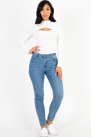 Long Sleeve Rib Knit Bodysuit | Front Cutout