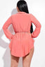 Long Sleeve Shirt With Waist Tie And Shorts-Coral
