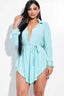 Long Sleeve Shirt With Waist Tie And Shorts-Deep Mint