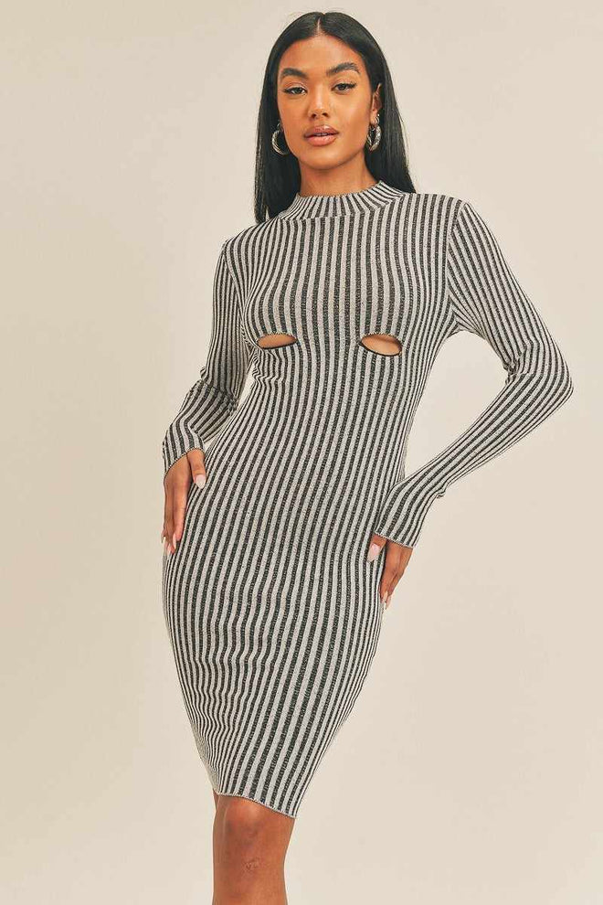 Long Sleeve Stripe Print Midi Dress-Dresses-Your Style Fashion