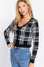 Long Sleeve V-neck Fitted Button Down Plaid Sweater Cardigan-Black