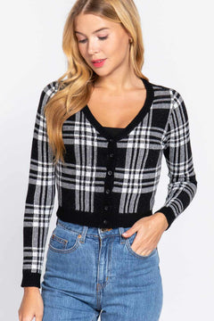 Long Sleeve V-neck Fitted Button Down Plaid Sweater Cardigan-Black