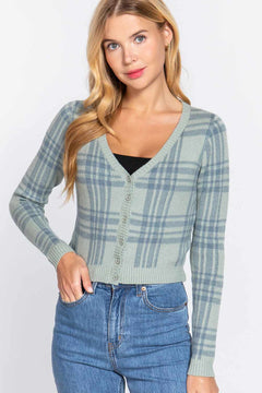 Long Sleeve V-neck Fitted Button Down Plaid Sweater Cardigan-Sage