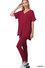 Woman wearing red Lounge Around Two-Piece Set, made of 90% polyester and 10% spandex, perfect for comfortable and stylish lounging.