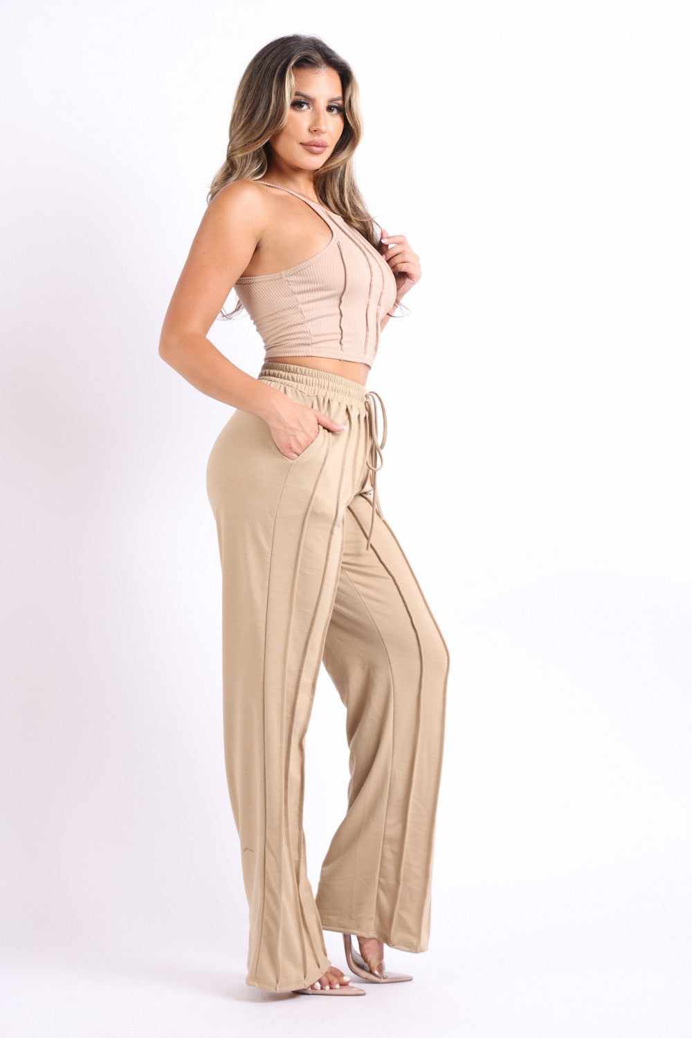 Mocha pin tuck detailed lounge set in rayon, polyester, and spandex blend, featuring relaxed fit and comfortable design.