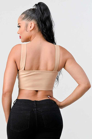 Lux Faux Leather Pu Zipup Strap Sleeveless Cropped Top-Nude