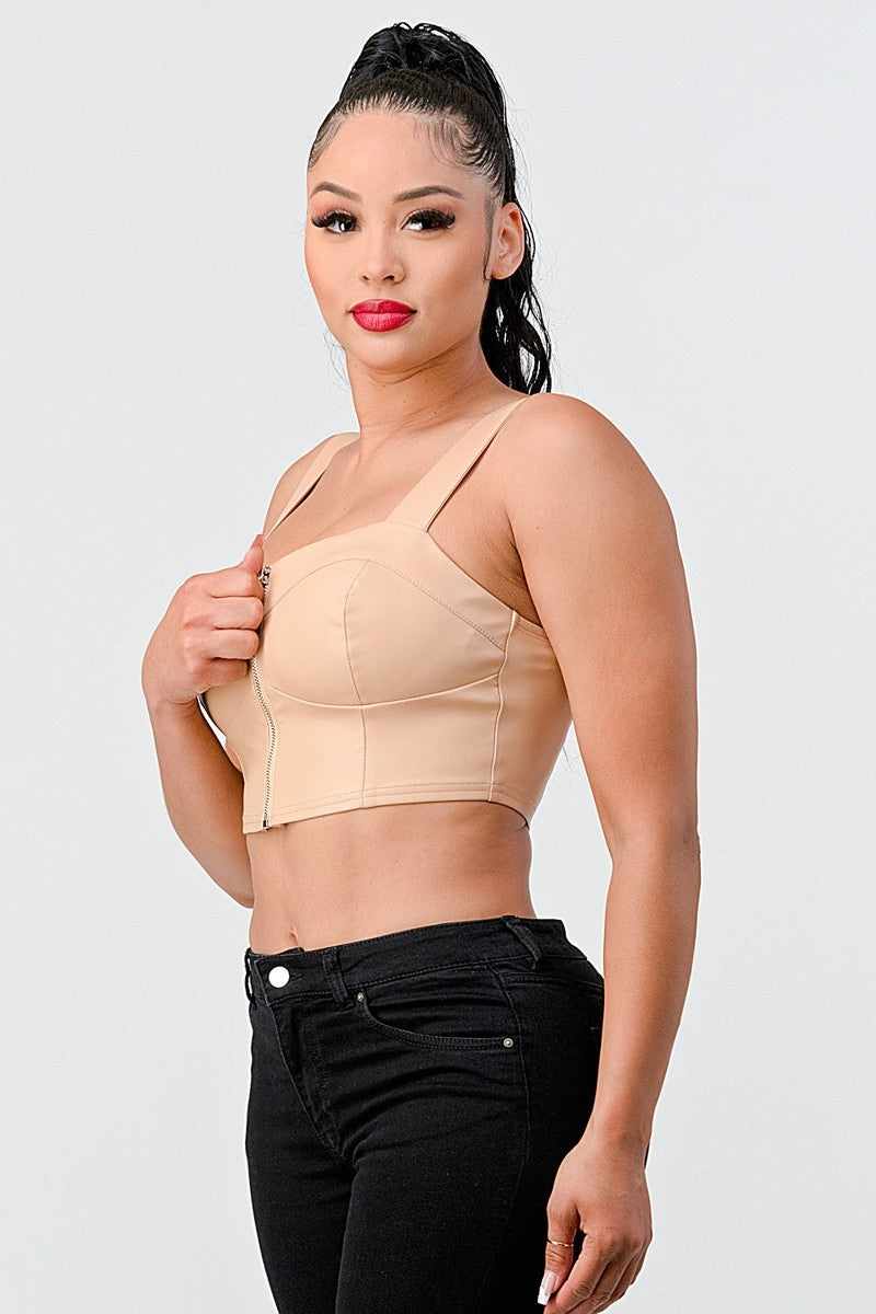 Lux Faux Leather Pu Zipup Strap Sleeveless Cropped Top-Nude