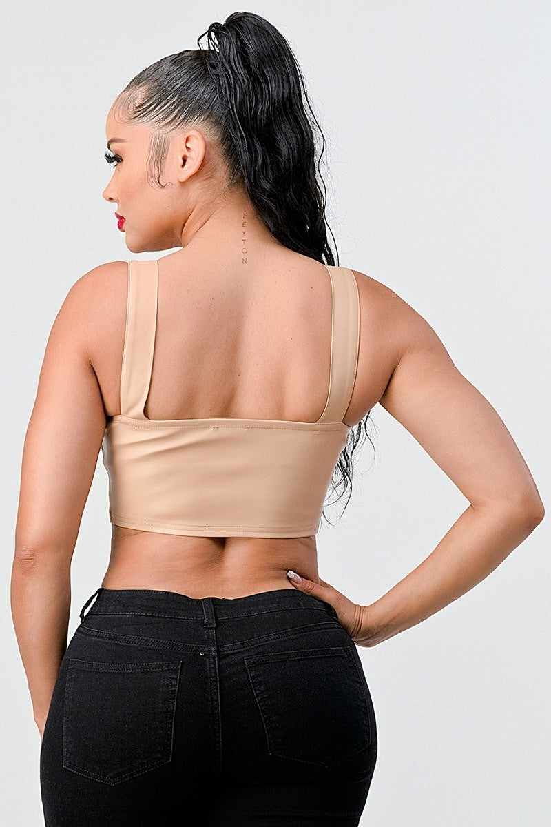 Lux Faux Leather Pu Zipup Strap Sleeveless Cropped Top-Nude