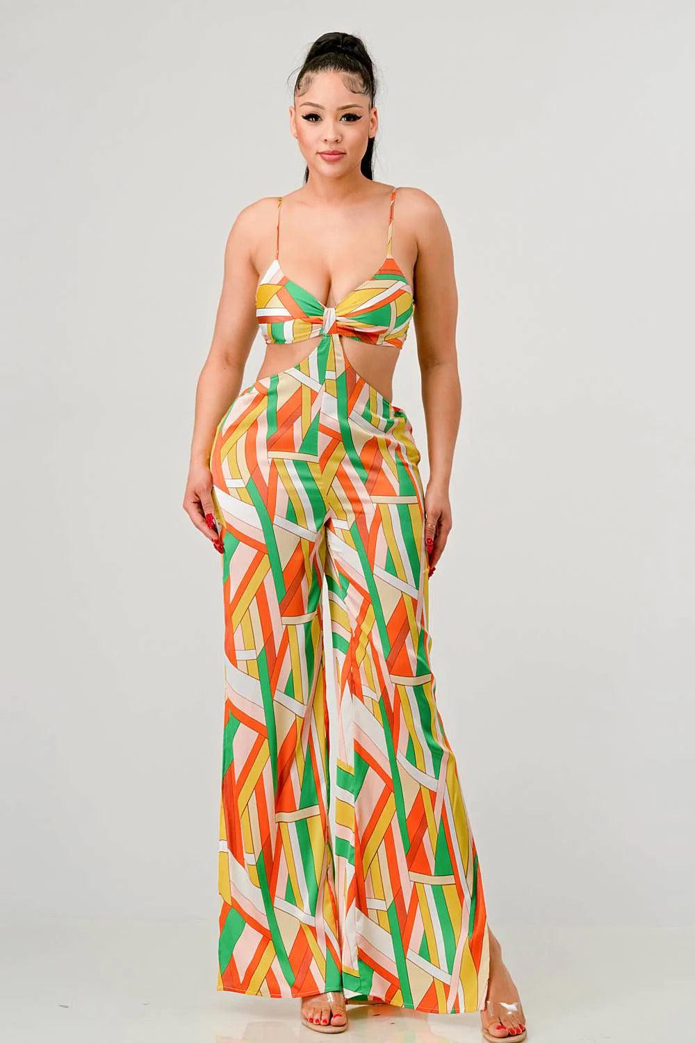 Luxe geo print satin bra top and palazzo jumpsuit with orange multi-pattern design, made of 100% polyester.