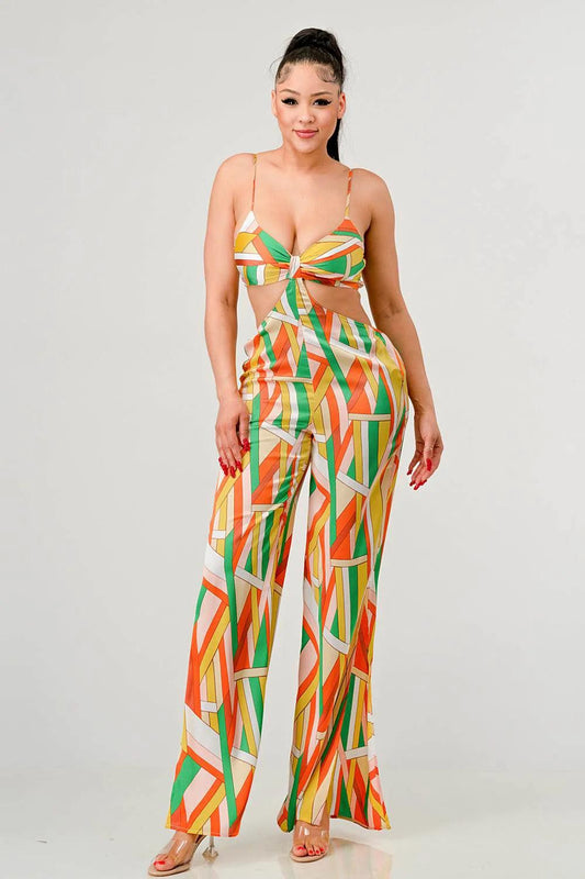 Luxe geo print satin bra top and palazzo jumpsuit in vibrant orange multi print, crafted in 100% polyester fabric.