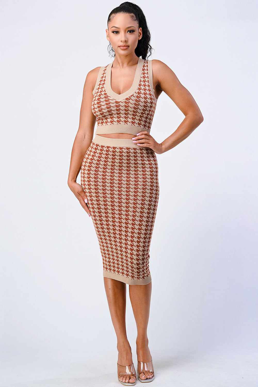 Luxe gingham rib knit top and skirt set in taupe and brown, showcasing a stylish and elegant design perfect for any occasion.