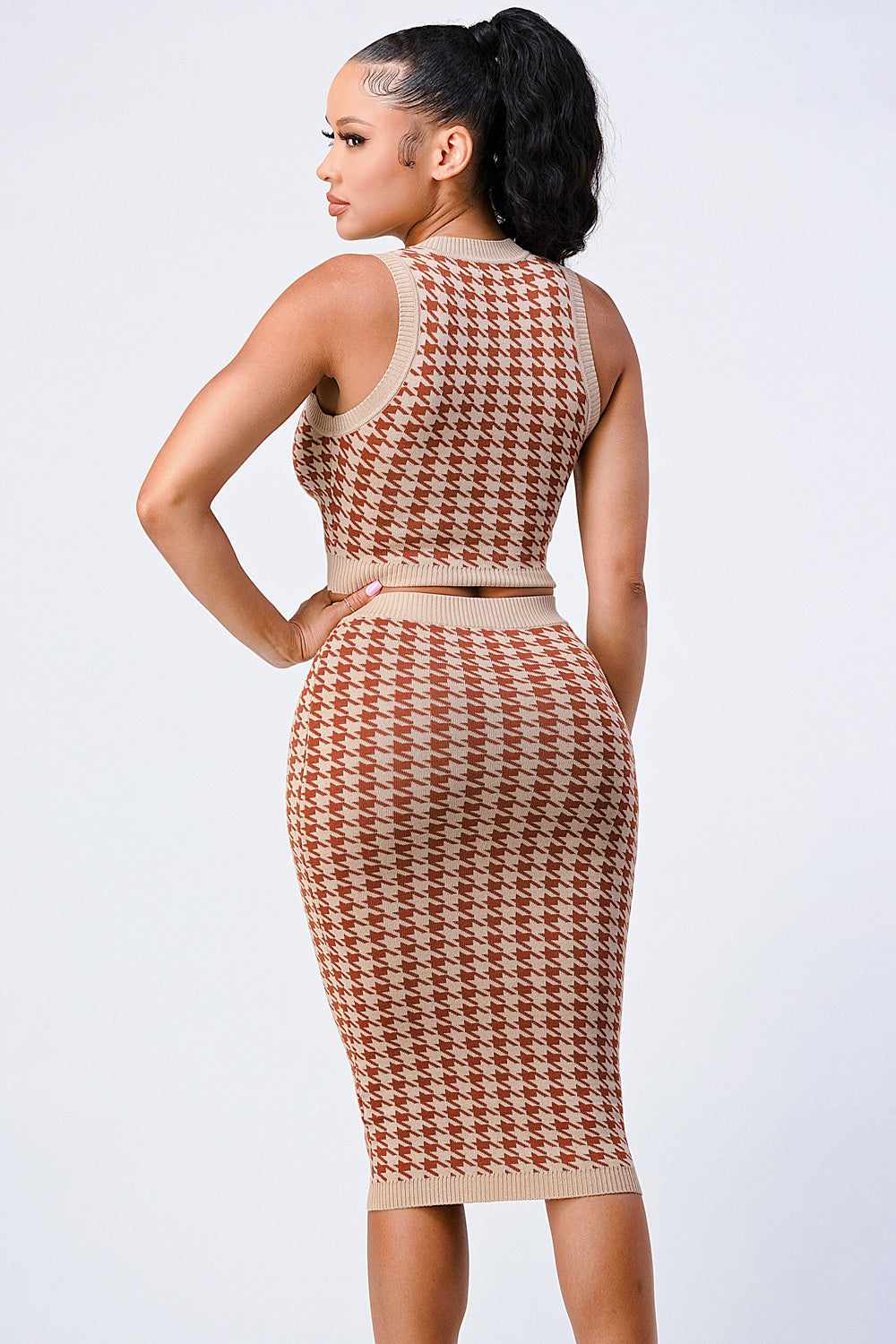 Luxe gingham rib knit top and skirt set in taupe and brown, featuring a stylish design with 80% viscose and 20% nylon.