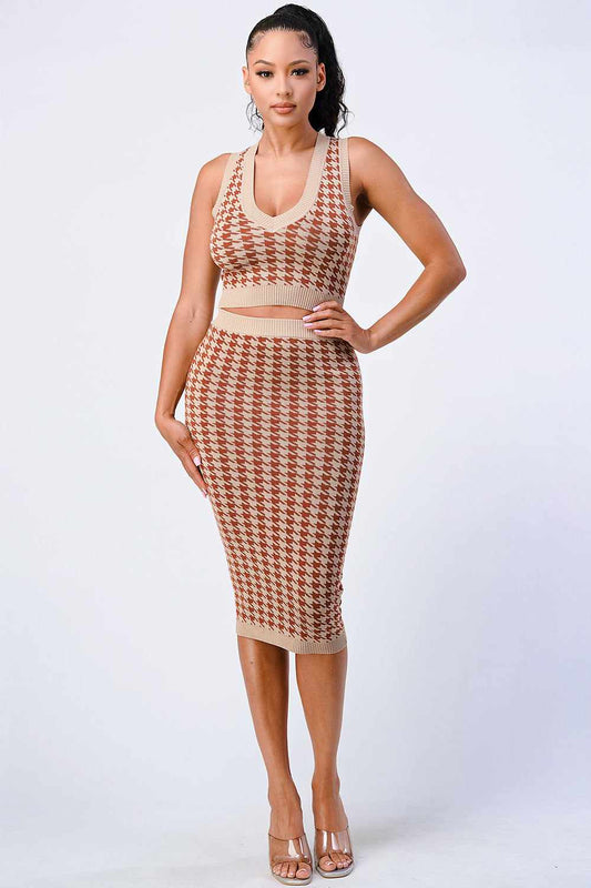 Luxe gingham rib knit top and skirt set in taupe and brown, showcasing a stylish and elegant design perfect for any occasion.