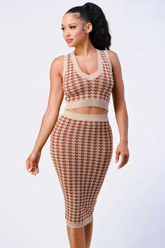 Luxe Gingham Rib Knit Top And Skirt Sets-Brown