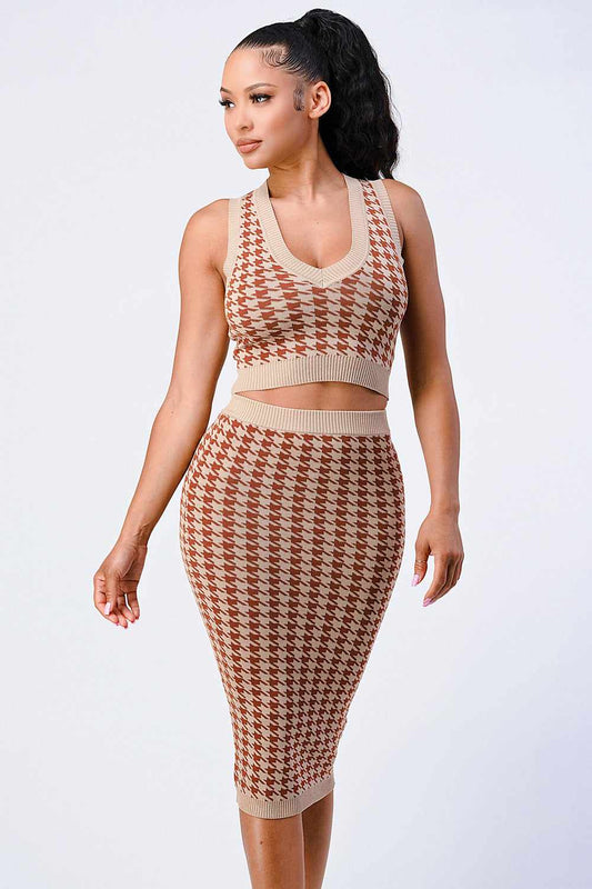 Luxe gingham rib knit top and skirt set in taupe and brown, showcasing a stylish imported S.M.L design made of 80% viscose and 20% nylon.