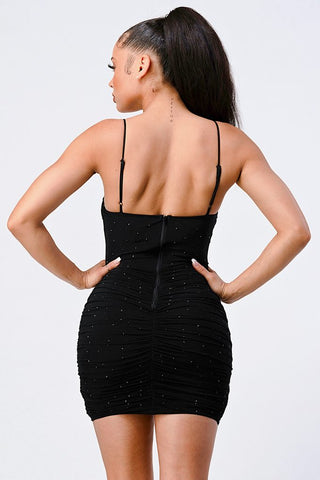 Luxe Glitter Front Mesh Ribbed Cami Mini Dress-Black