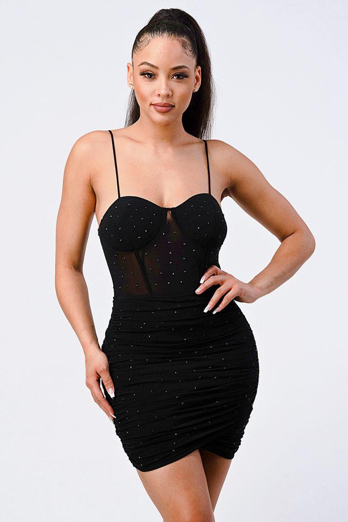 Luxe Glitter Front Mesh Ribbed Cami Mini Dress-Black