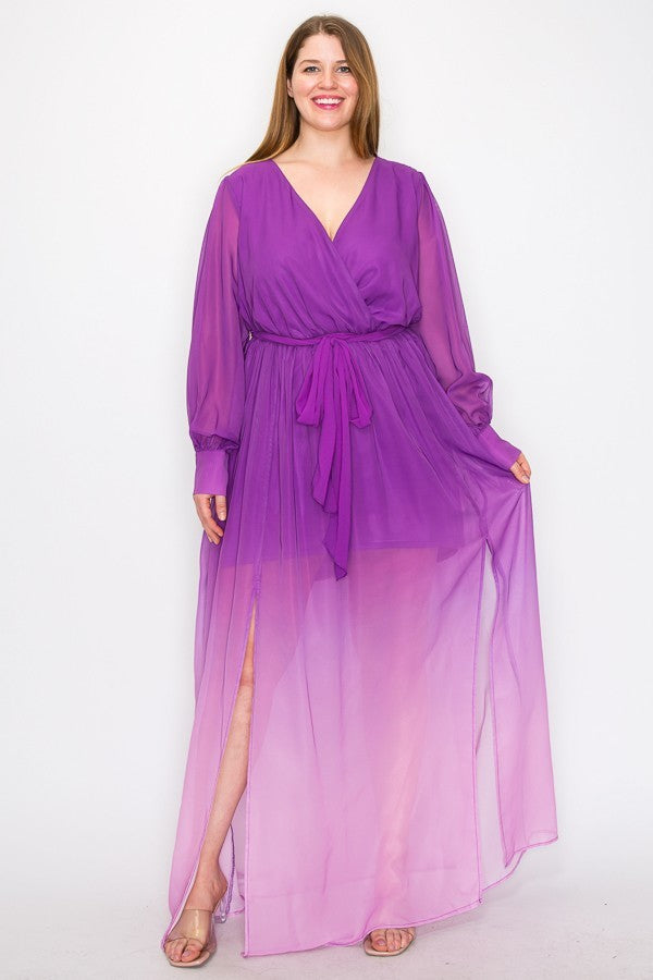 Magenta ombre long sleeve chiffon maxi dress with tie waist and front slit, 1XL to 3XL sizes available.