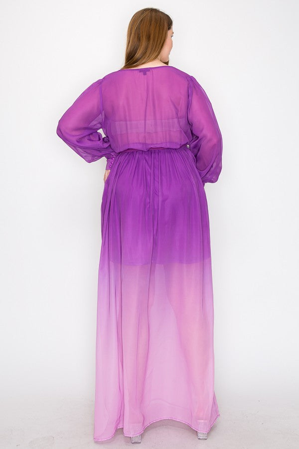 Magenta ombre chiffon maxi dress with long sleeves and tie waist, back view showing wrap style and slit front design