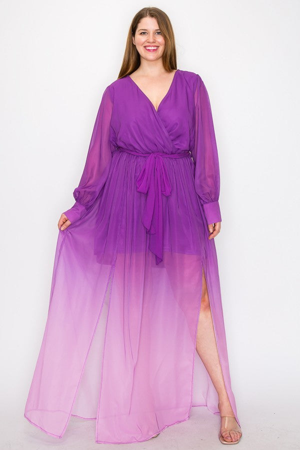 Magenta ombre maxi dress with long sleeves, tie waist, slit front, and chiffon fabric.