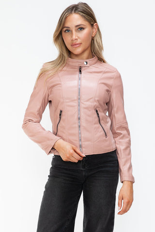 Mauve faux leather zip-up drawstring hooded jacket with pockets, modeled by woman in black jeans.