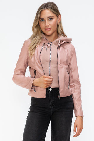Mauve faux leather zip-up jacket with drawstring hood, basic style, pocketed, 100% pleather material, worn by a model.