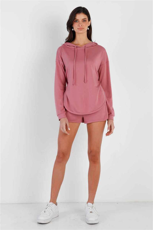 Mauve Racer Back Detail Long Sleeve Hooded Top & Short Set-Mauve