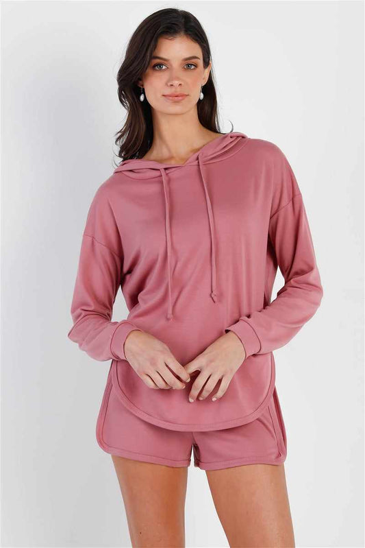 Mauve Racer Back Detail Long Sleeve Hooded Top & Short Set-Mauve