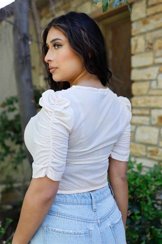 Mesh Button Up Self-tie Detail Ruched Short Sleeve Crop Top-White