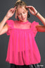 Mesh Ruffle Sleeve & Round Neck Top-Hot Pink