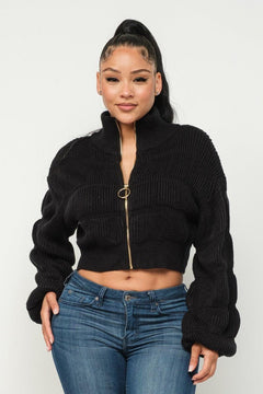 Michelin Sweater Top W/ Front Zipper-Black