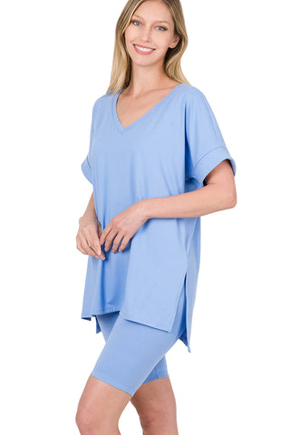 Brushed microfiber V-neck top and biker shorts set in spring blue, featuring a hi-low hem and buttery soft fabric.