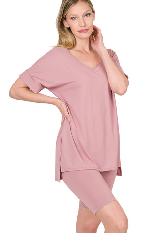 Brushed microfiber V-neck top and biker shorts set in light rose, featuring buttery soft fabric and perfect stretch.