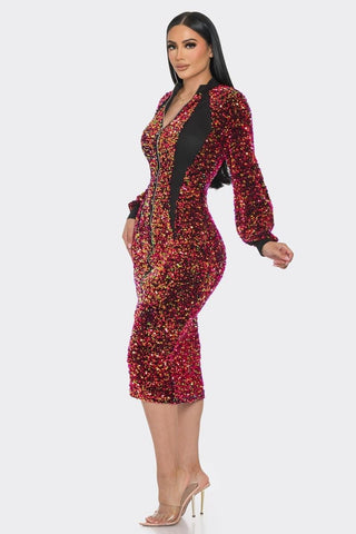 Midi Two Way Zip Up Sequin Contrast Dress-Red