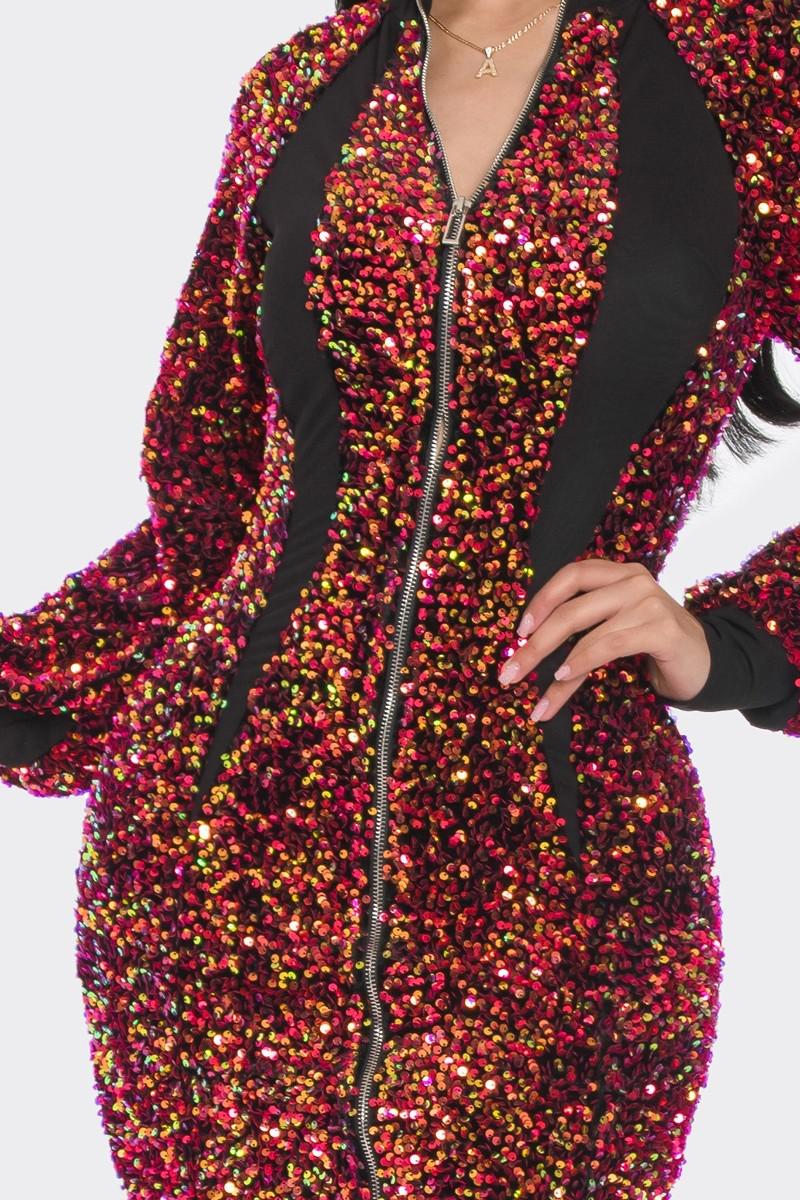 Midi Two Way Zip Up Sequin Contrast Dress-Red