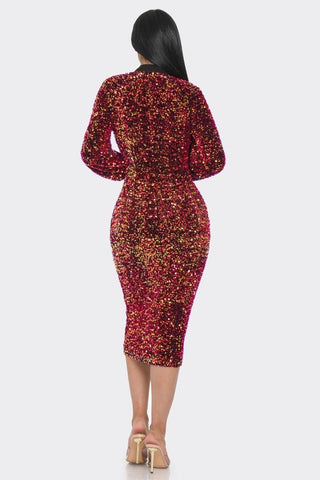 Midi Two Way Zip Up Sequin Contrast Dress-Red