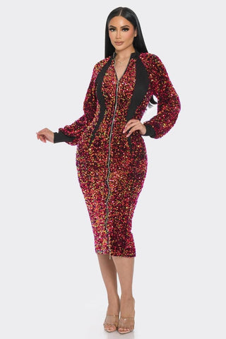 Midi Two Way Zip Up Sequin Contrast Dress-Red
