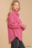 Mineral wash button down top with high low hem-Hot Pink