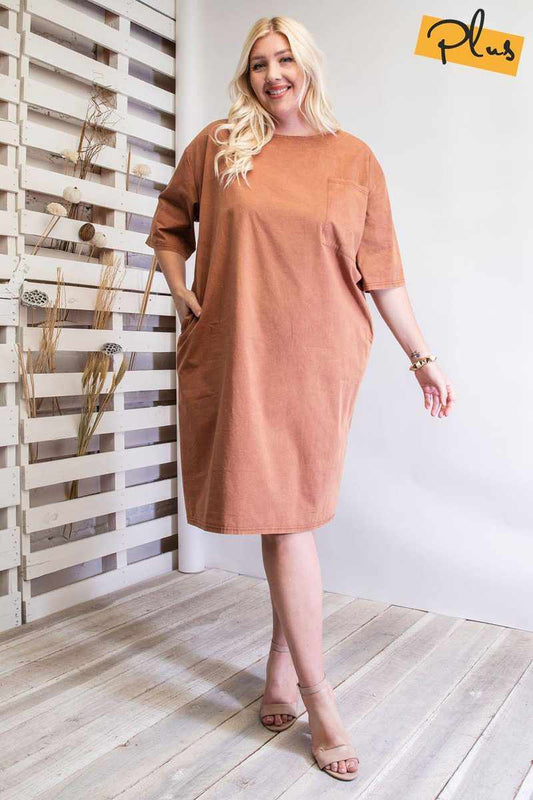 Mineral washed loose fit dress in faded rust, featuring a chest patch and side hip pocket. 1XL-3XL, knee-length, oversized silhouette.