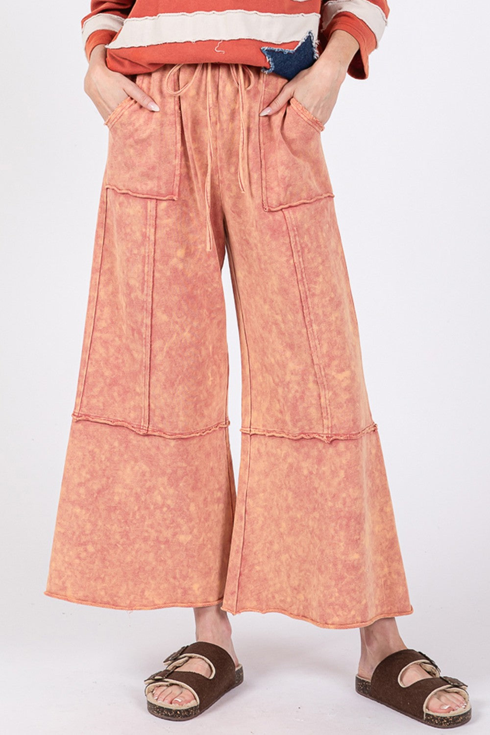 Mineral Washed Terry Wide Leg Pants Pink | Trendy