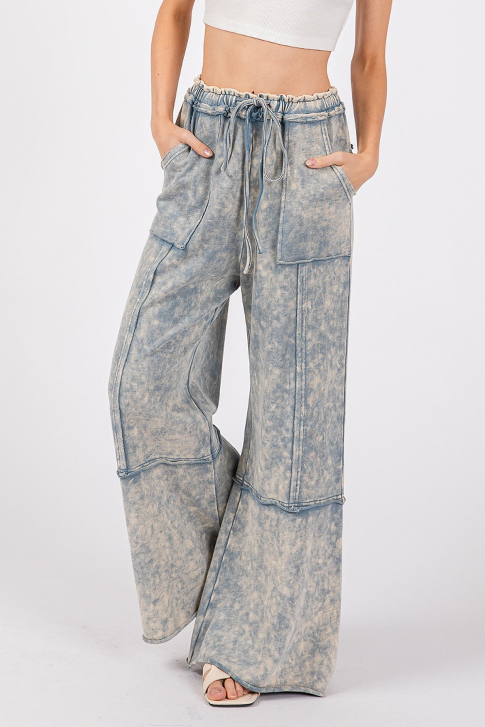 Mineral washed terry wide leg pants in slate blue with drawstring waistband and pockets, stylish and comfortable.