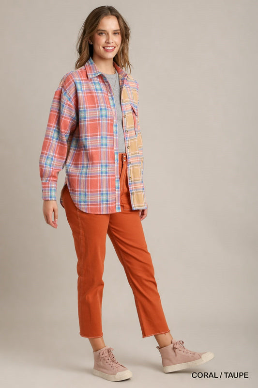 Mixed Coral/Taupe Plaid Boxy Cut Button Down Flannel With Front Pocket