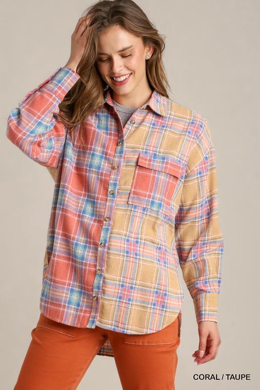 Mixed Coral/Taupe Plaid Boxy Cut Button Down Flannel With Front Pocket