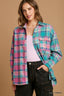 Mixed Pink/Green Plaid Boxy Cut Button Down Flannel With Front Pocket